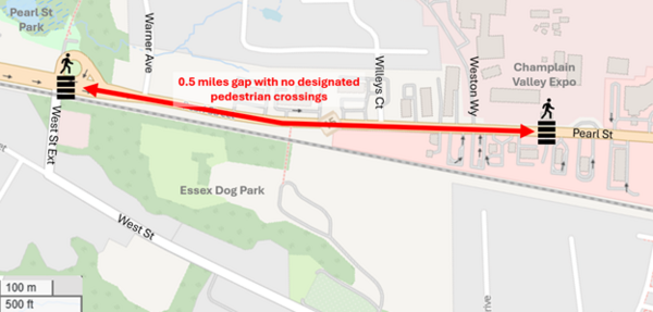 A map showing the .05 miles gap with no designated pedestrian crossing on Pearl Street between West St. extension and the entrance to the Champlain Valley Expo.
