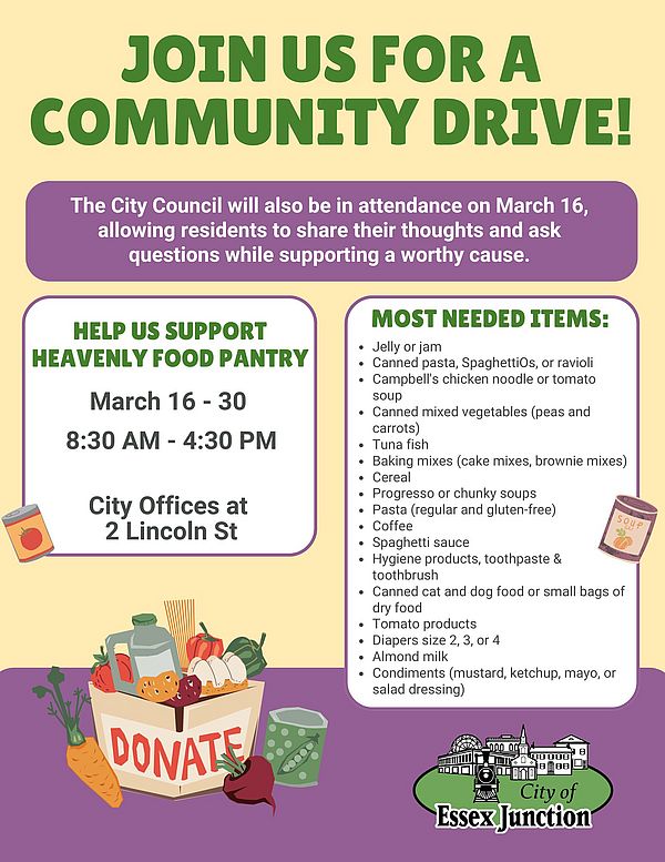 A flyer for a Community Drive with the date and location of the drive and items of food most needed.
