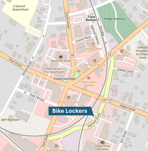 Map of the location of bike lockers at 131 Railroad St, Essex Junction, VT 05452