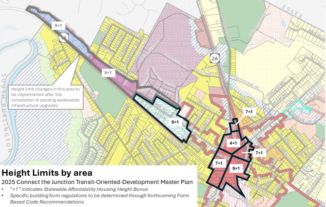 Map of maximum height by area, overlaid on top of 2024 zoning map
